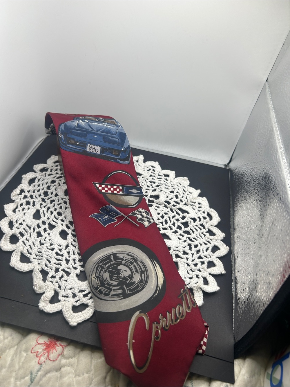 Men's Corvette Red Novelty Tie with Car & Emblem Design